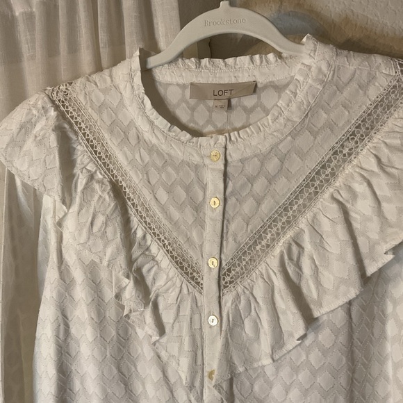 LOFT White Ruffled Button-Up Blouse - Picture 2 of 7